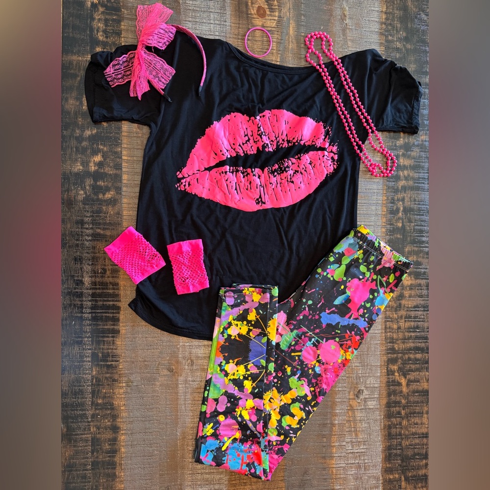 Women’s 80’s Costume Cosplay Outfit Leggings Blouse Necklace Gloves Headband